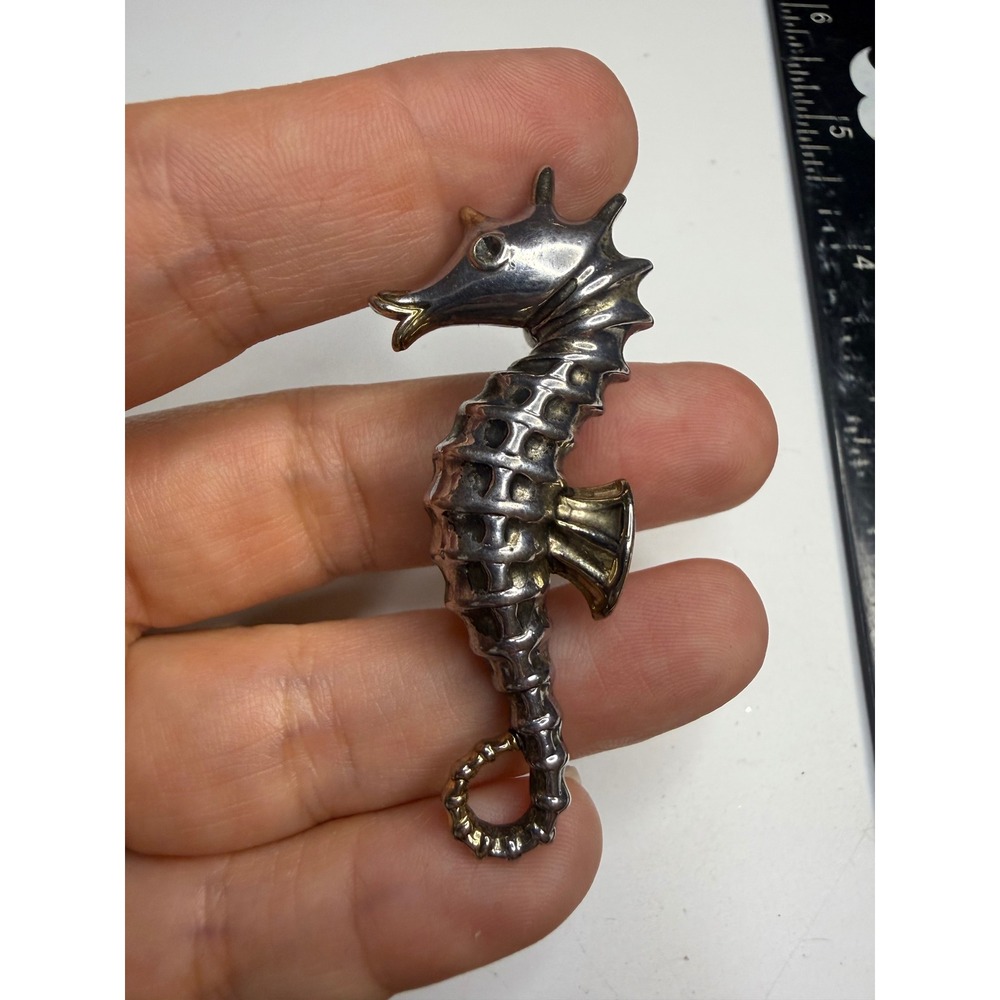 MJ Signed Seahorse Brooch Pendant Two Tone Silver Gold Nautical Marine Pin